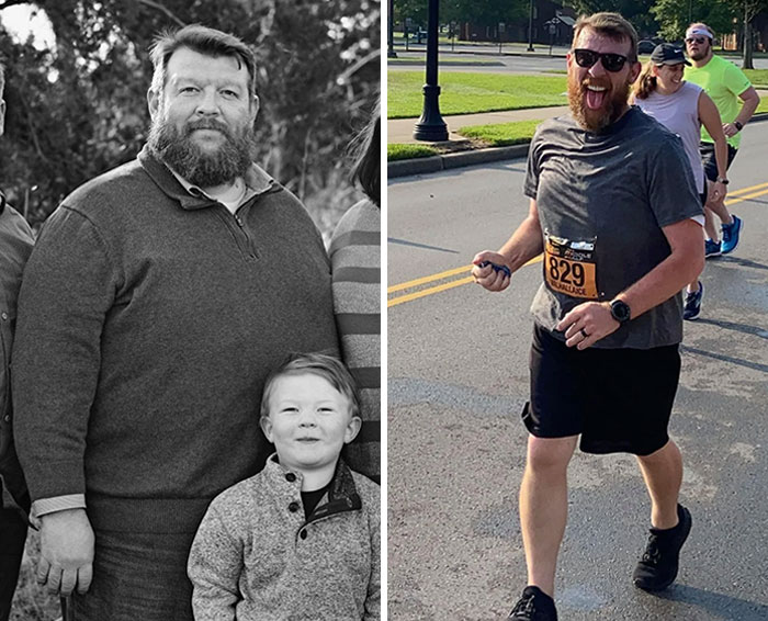 Before and after weight loss photos showing a man’s inspiring transformation during a road race event with others running behind him.