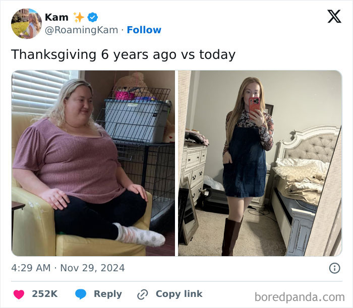 Before and after inspiring weight loss transformation showing a woman’s remarkable change over six years in two photos.