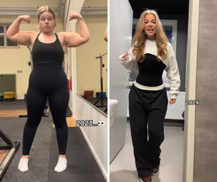 Woman showing inspiring weight loss before and after transformation, highlighting fitness progress with photos from 2023 and 2024.