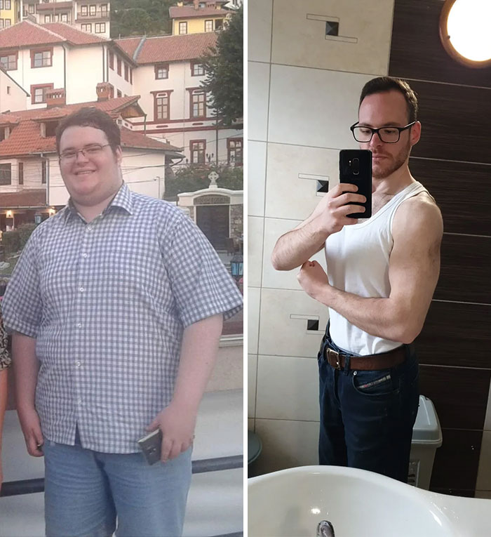 Before and after weight loss transformation showing inspiring progress with significant fat loss and muscle gain.