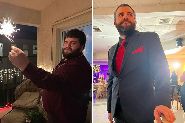 Man holding a sparkler in casual clothes before weight loss and wearing a suit after weight loss at an event indoors.