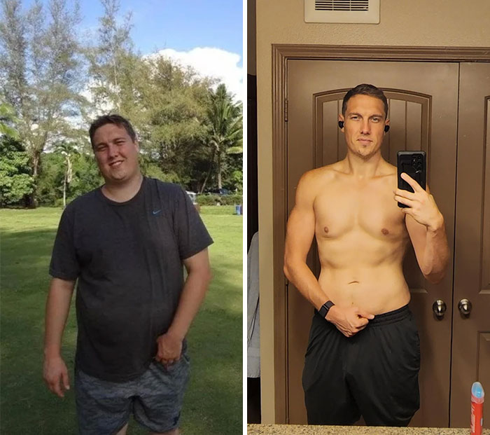 Before and after weight loss pics showing inspiring physical transformation and fitness progress of a man in two side-by-side photos.