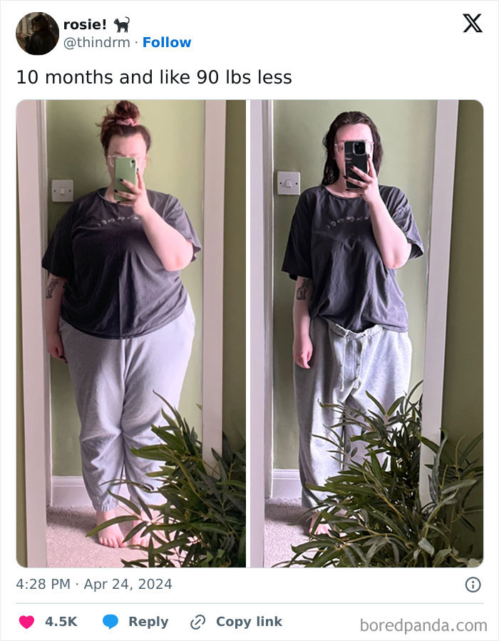 Weight loss before and after pics showing 90 lbs difference in 10 months with casual clothing and mirror selfie.