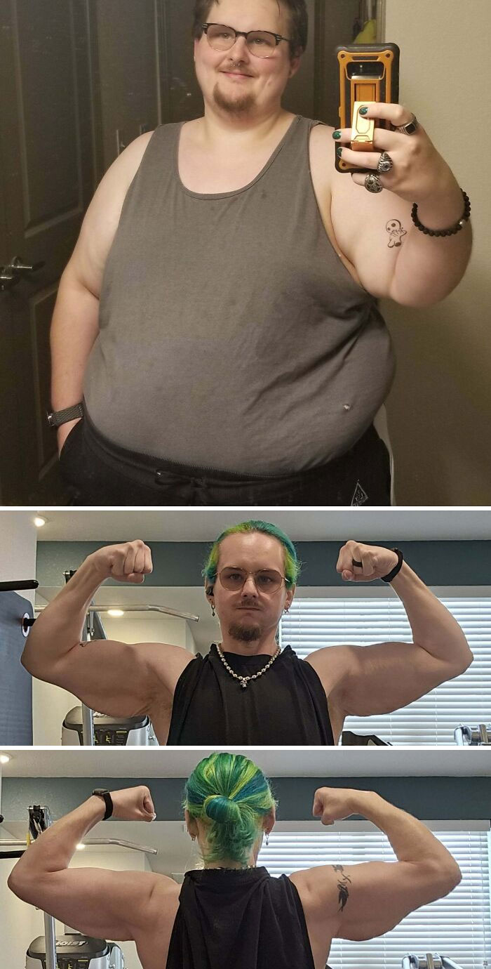 Weight loss before and after pics showing transformation from overweight to muscular with green hair in gym setting.