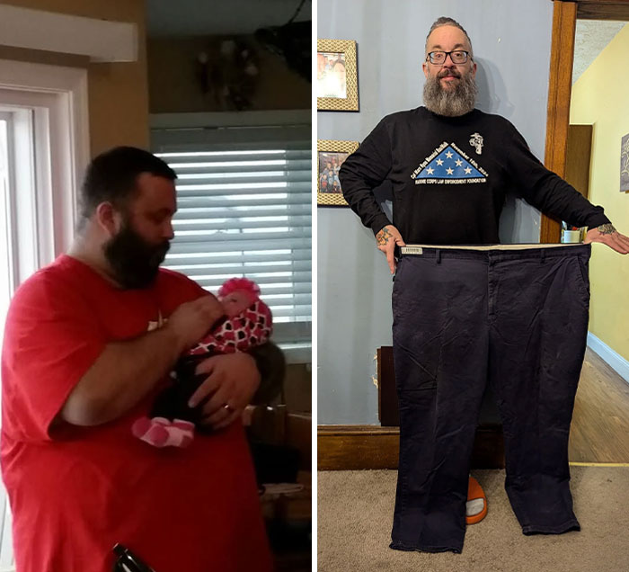 Man holding a baby in before weight loss photo and showing large pants after weight loss transformation.