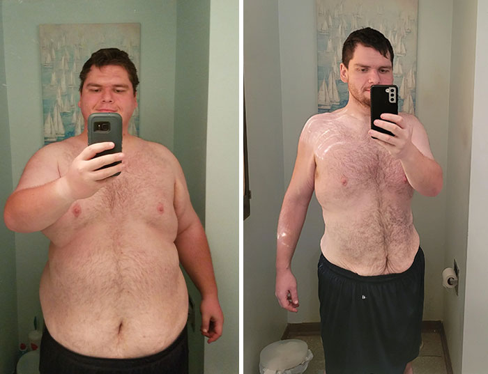 Man showing inspiring weight loss before and after pics, standing shirtless in front of a bathroom mirror.