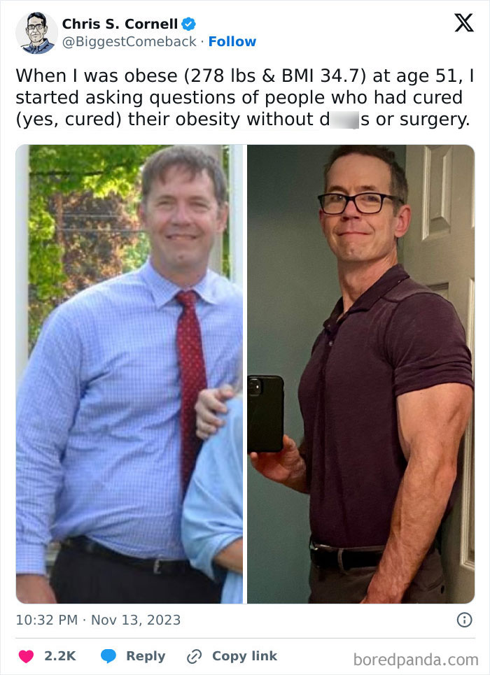 Weight loss before and after pics showing dramatic transformation of man from obese to fit and muscular.