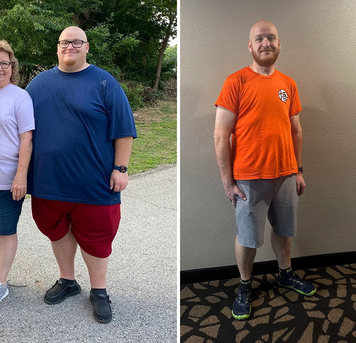 Side-by-side weight loss before and after pics of a man showing inspiring transformation and fitness progress.