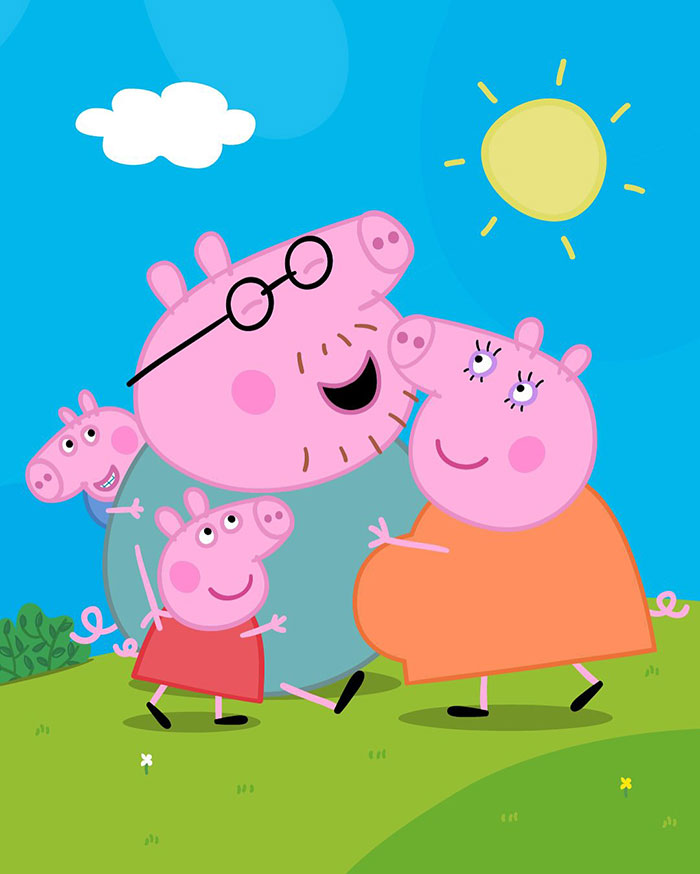 Peppa Pig family outdoors with Mummy Pig showing baby bump under sunny blue sky on green grass. Peppa Pig family outdoors with Mummy Pig showing baby bump under sunny blue sky on green grass.