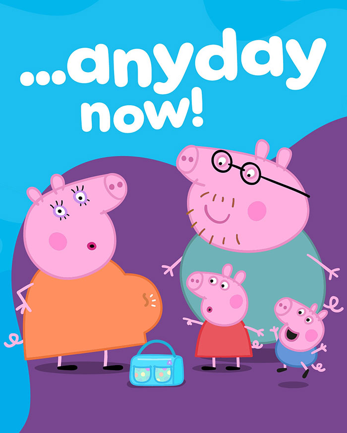 Peppa Pig family scene with Mummy Pig pregnant, Daddy Pig, and two little pigs excited about new baby arrival. Peppa Pig family scene with Mummy Pig pregnant, Daddy Pig, and two little pigs excited about new baby arrival.