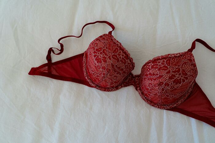 Red lace bra laid flat on a white surface, representing low-key pleasures and simple happiness.