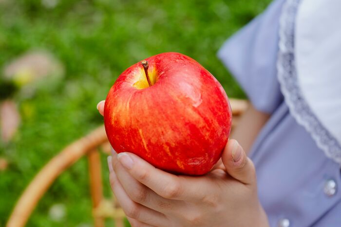 Child holding a bright red apple outdoors, symbolizing everyday choices and morally questionable actions among netizens.