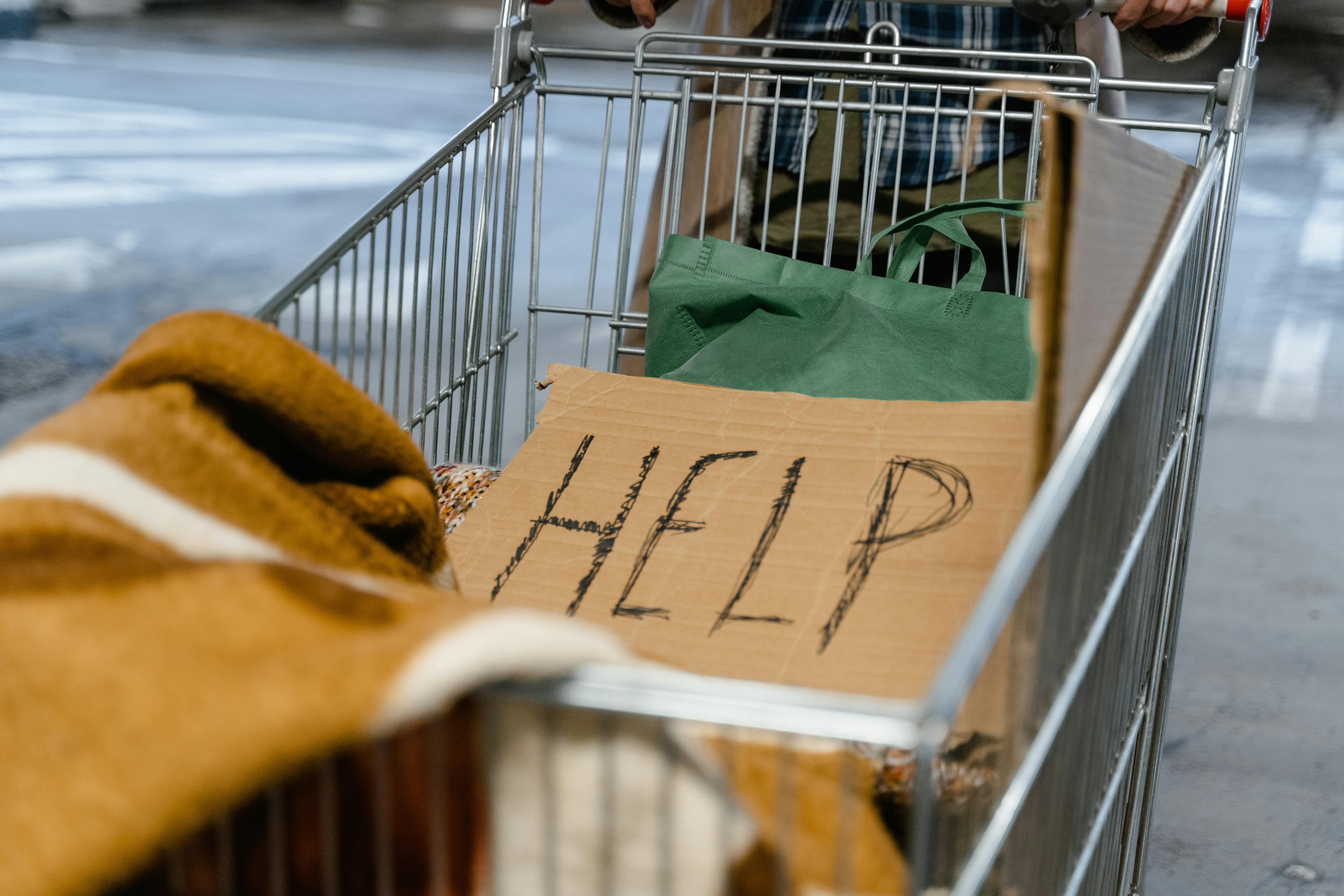 Shopping cart with a help sign and bags symbolizing concerns about US recession and economic trends.