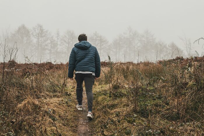 Person walking on a misty trail through tall grass and shrubs, illustrating mind-blowing cultural differences outdoors.