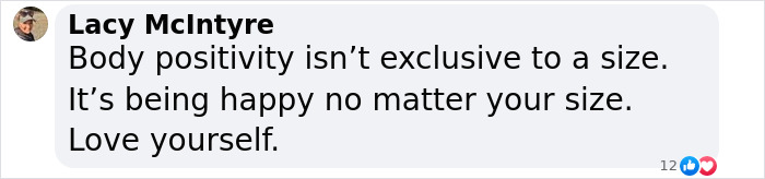 Comment from Lacy McIntyre about body positivity and self-love on social media, related to Meghan Trainor makeover outrage.