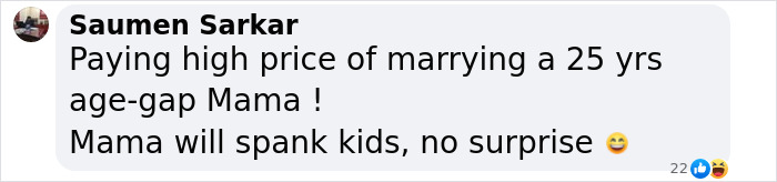 Comment discussing the consequences of marrying with a 25-year age gap and mentioning discipline by 'Mama' with emojis.