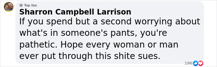 Comment by Sharron Campbell Larrison expressing frustration about gender assumptions toward a female athlete in women's restroom.