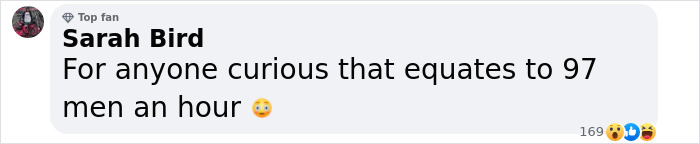 Comment from Sarah Bird discussing adult content creator's encounter rate, mentioning 97 men per hour with shocked emoji.