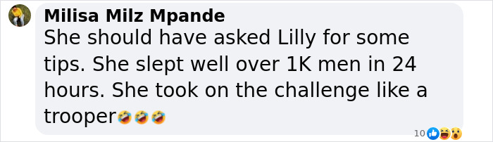 Comment mentioning an adult content creator's challenge involving over 1,000 men in 24 hours, shared with emojis.