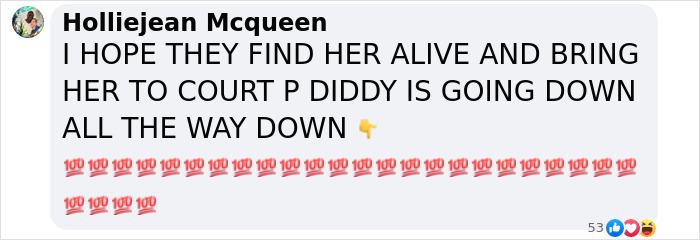 Facebook comment expressing hope that the alleged victim in the Diddy case is found and brought to court amid major twists.