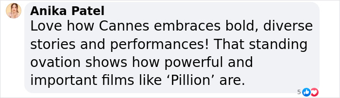 Comment by Anika Patel praising Cannes for embracing bold, diverse stories and standing ovation for a film with powerful performances.
