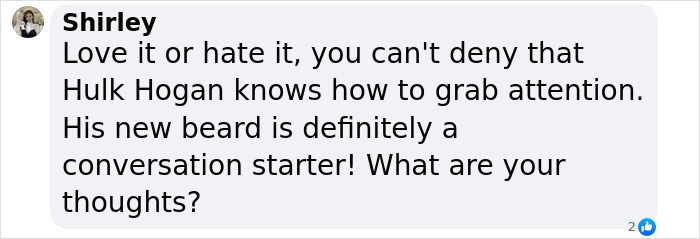 Comment by Shirley discussing Hulk Hogan's new beard as a conversation starter and attention-grabbing look.