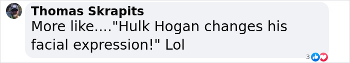 Image of a social media comment about Hulk Hogan&rsquo;s new look, highlighting his eyes and facial expression at 71.