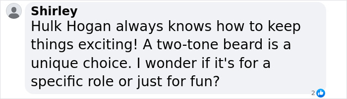 Comment about Hulk Hogan&rsquo;s two-tone beard and its unique look, raising curiosity about his new appearance.