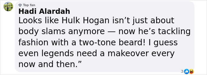 Comment about Hulk Hogan's troubling new look at 71, mentioning his two-tone beard and personal changes.