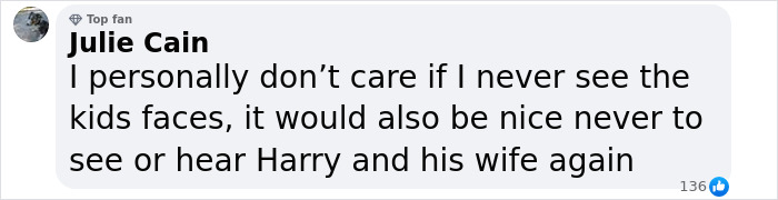 Comment from Julie Cain expressing disinterest in seeing kids' faces and mentioning Harry and his wife online. Comment from Julie Cain expressing disinterest in seeing kids' faces and mentioning Harry and his wife online.