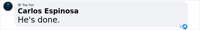 Comment by Carlos Espinosa saying He's done with a top fan badge visible in a social media thread.