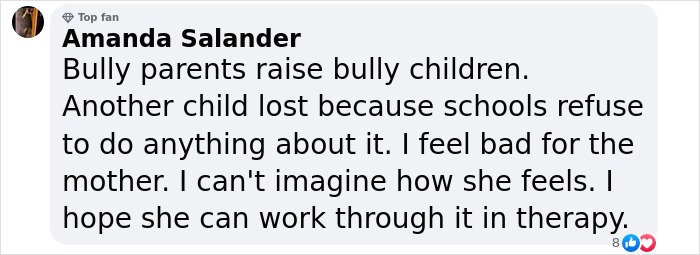 Facebook comment by Amanda Salander expressing sympathy for a mother raising funds after her 13-year-old son's suicide. Facebook comment by Amanda Salander expressing sympathy for a mother raising funds after her 13-year-old son's suicide.