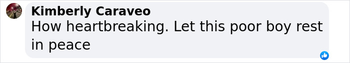 Facebook comment by Kimberly Caraveo expressing heartbreak and hoping the boy’s soul can rest in peace after 13YO son took his own life. Facebook comment by Kimberly Caraveo expressing heartbreak and hoping the boy’s soul can rest in peace after 13YO son took his own life.