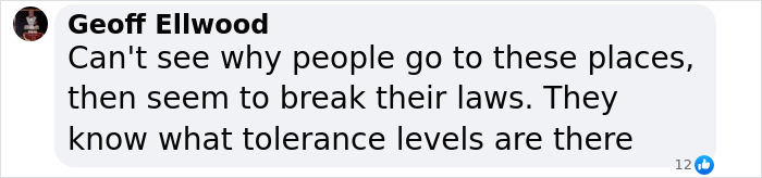 Comment by Geoff Ellwood expressing confusion about why people break laws in certain places despite knowing tolerance levels.
