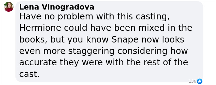 Comment by Lena Vinogradova discussing mixed reactions to the new cast for Harry, Hermione, and Ron in Harry Potter series.
