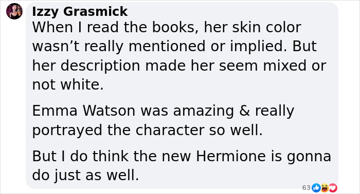 Facebook comment discussing mixed reactions to new Harry, Hermione and Ron cast for upcoming Harry Potter series.