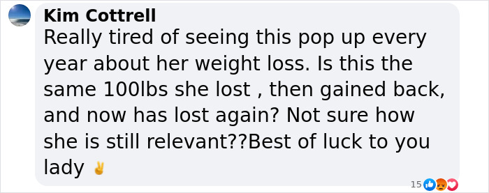Comment criticizing recurring posts about weight loss, mentioning 100lbs weight loss and relevance concerns.