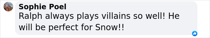 Comment on Facebook by Sophie Poel praising Ralph Fiennes for playing villains, linked to Ralph Fiennes Francesca Annis reunion.