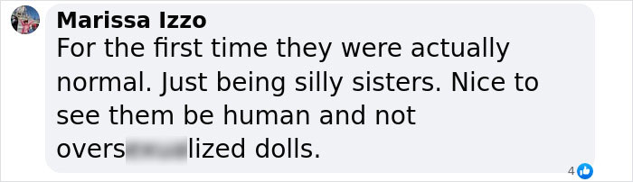 Facebook comment by Marissa Izzo praising sisters for acting normal and being human instead of oversexualized dolls.