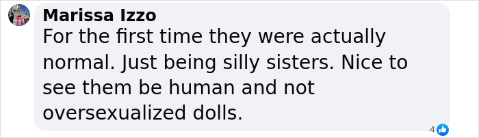 Comment discussing Kylie and Kendall Jenner&rsquo;s talent as sisters being silly and relatable, not oversexualized.