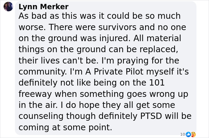 Comment about plane crash aftermath expressing sympathy and private pilot perspective on trauma and PTSD concerns.