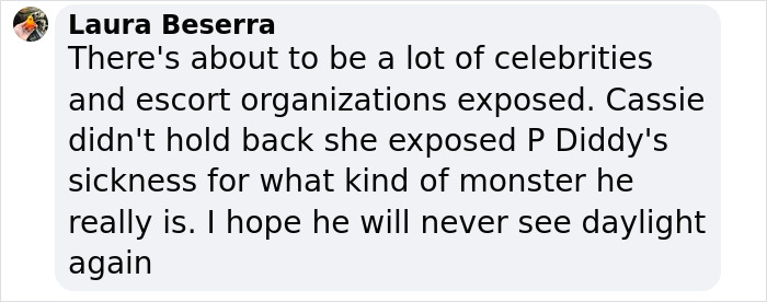 Comment by Laura Beserra criticizing P Diddy amid dramatic testimonies related to his controversy and image. Comment by Laura Beserra criticizing P Diddy amid dramatic testimonies related to his controversy and image.