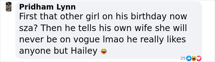 Comment discussing Justin Bieber’s chemistry with SZA, sparking rumors about his relationship with his wife Hailey. Comment discussing Justin Bieber’s chemistry with SZA, sparking rumors about his relationship with his wife Hailey.