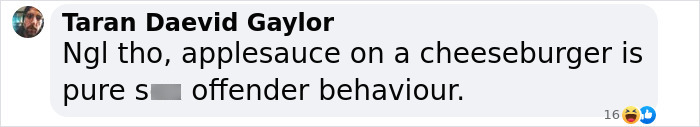 Comment from Taran Daevd Gaylor criticizing applesauce on a cheeseburger, highlighting disgust related to Diddy's eating habits. Comment from Taran Daevd Gaylor criticizing applesauce on a cheeseburger, highlighting disgust related to Diddy's eating habits.