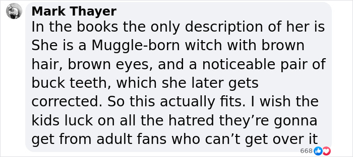 Facebook comment discussing fan opinions on the new cast for Harry, Hermione, and Ron in Harry Potter series.