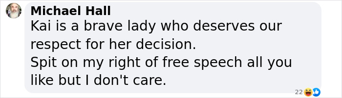 Comment supporting Kai coming out as transgender, emphasizing bravery and respect for the decision.