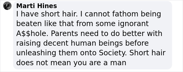 Comment by Marti Hines expressing disbelief about a lesbian beaten unconscious during McDonald's bathroom incident.