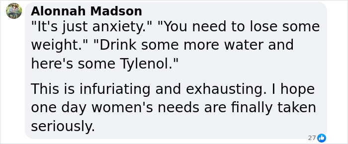 Comment by Alonnah Madson discussing frustration over women's health needs being dismissed as anxiety or weight issues.