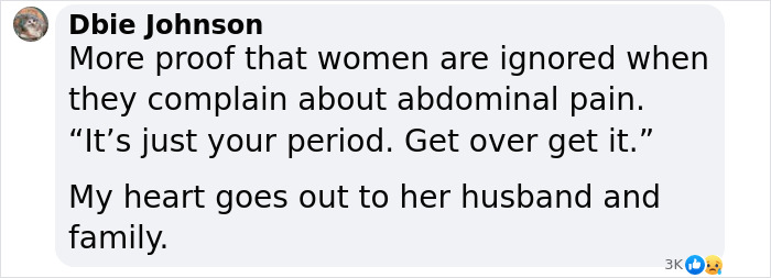 Comment discussing women being ignored about abdominal pain and expressing sympathy for pro boxer Georgia O&rsquo;Connor&rsquo;s family.