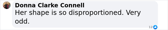 Comment screenshot showing a user named Donna Clarke Connell saying her shape is so disproportioned and very odd. Comment screenshot showing a user named Donna Clarke Connell saying her shape is so disproportioned and very odd.